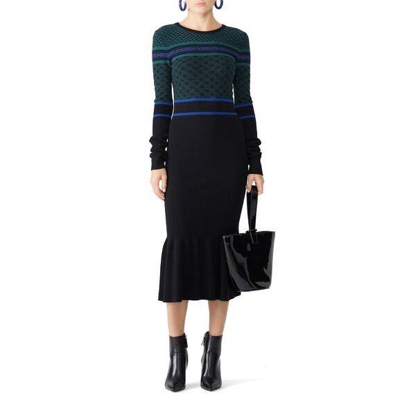 Opening Ceremony Rib Knit Black Green Long Sleeve Midi Dress Womens Medium - Picture 1 of 16